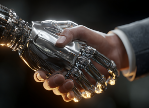 AI hand shaking human hand
