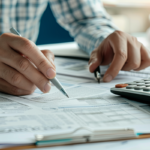 Close-up of a person reviewing financial documents and tax forms with a calculator and pen on a desk.