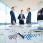 Financial reports and charts spread across a conference table, with business professionals meeting in the background discussing performance and strategy.