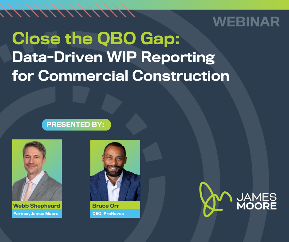 Webinar graphic for “Close the QBO Gap: Data-Driven WIP Reporting for Commercial Construction,” featuring Webb Shepheard and Bruce Orr with the James Moore logo.