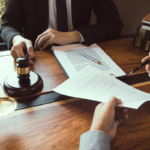 Legal and financial professionals review documents across a desk with a gavel and scales of justice, symbolizing government finance, compliance, and regulatory oversight.