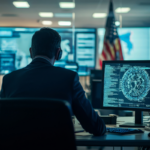 A government employee sits at a workstation in a monitoring center, viewing complex data and analytics on multiple screens. American flags and digital displays suggest technology oversight and AI implementation in government operations.