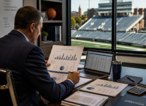 Financial executive reviewing cash flow reports and budget data at a desk overlooking a college football stadium, with charts, a laptop, and financial documents visible.