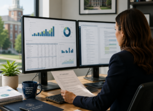 Professional reviewing a gift agreement and analytics dashboards on dual monitors in a university office, illustrating data-driven decision-making in higher education.
