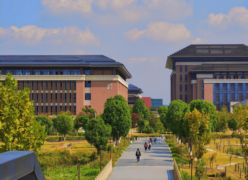 Students walking along a tree-lined pathway between university campus buildings on a sunny day.