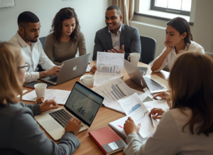 Finance leaders reviewing reports and charts at a conference table, discussing university foundation spending and endowment distributions.