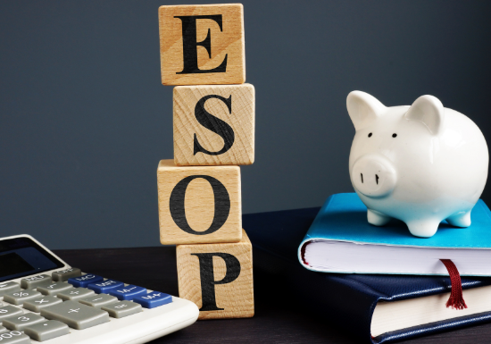 ESOP on blocks with piggy bank and calculator